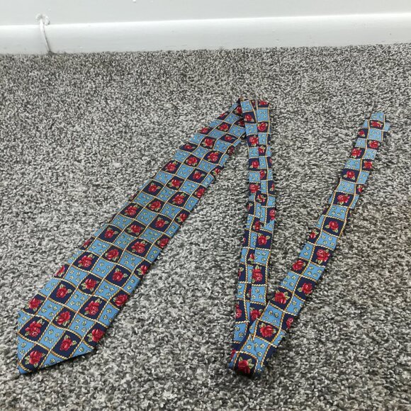 Vintage Burberry Neck Tie Silk Floral Blue Red USA Made 56L 3.75W - Picture 2 of 6